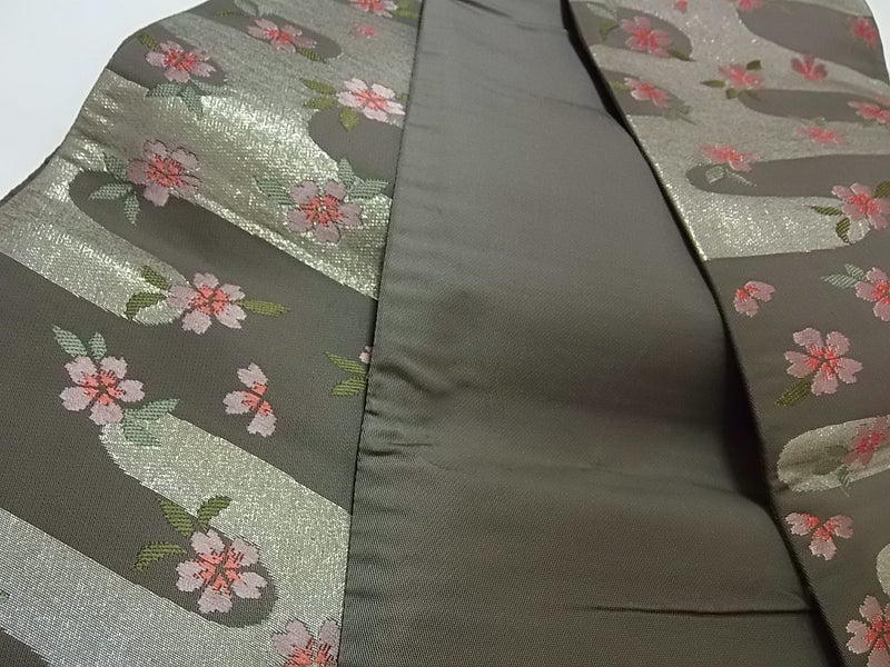半幅帯 正絹 桜柄 銀地 花模様 おしゃれ 和装 浴衣に