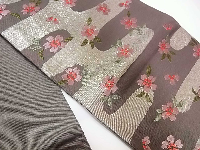 半幅帯 正絹 桜柄 銀地 花模様 おしゃれ 和装 浴衣に