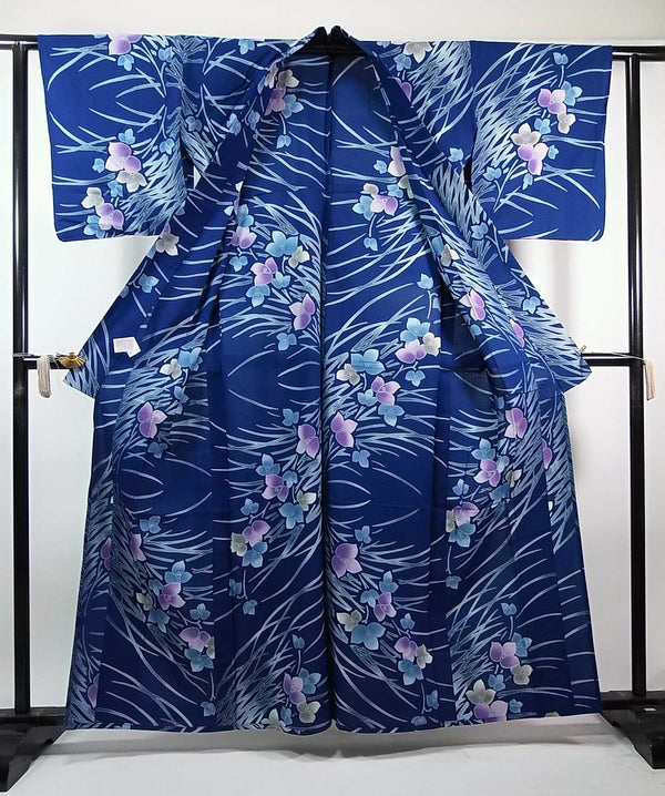 美品　レディース　浴衣　注染　本染め　花模様　日本製品　紺色