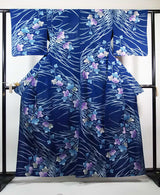 美品　レディース　浴衣　注染　本染め　花模様　日本製品　紺色