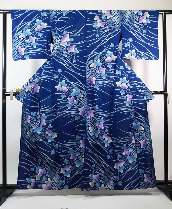 美品　レディース　浴衣　注染　本染め　花模様　日本製品　紺色