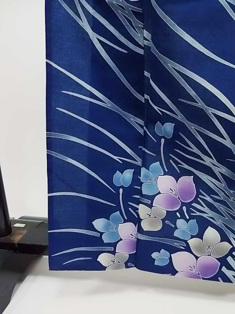 美品　レディース　浴衣　注染　本染め　花模様　日本製品　紺色