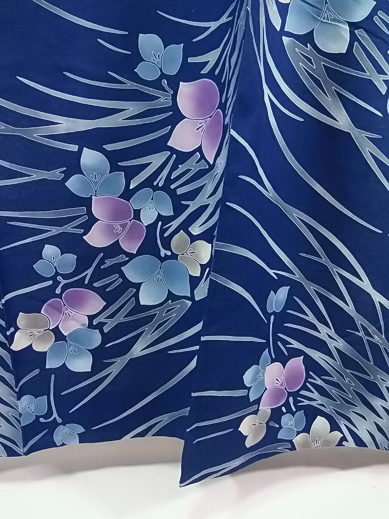 美品　レディース　浴衣　注染　本染め　花模様　日本製品　紺色