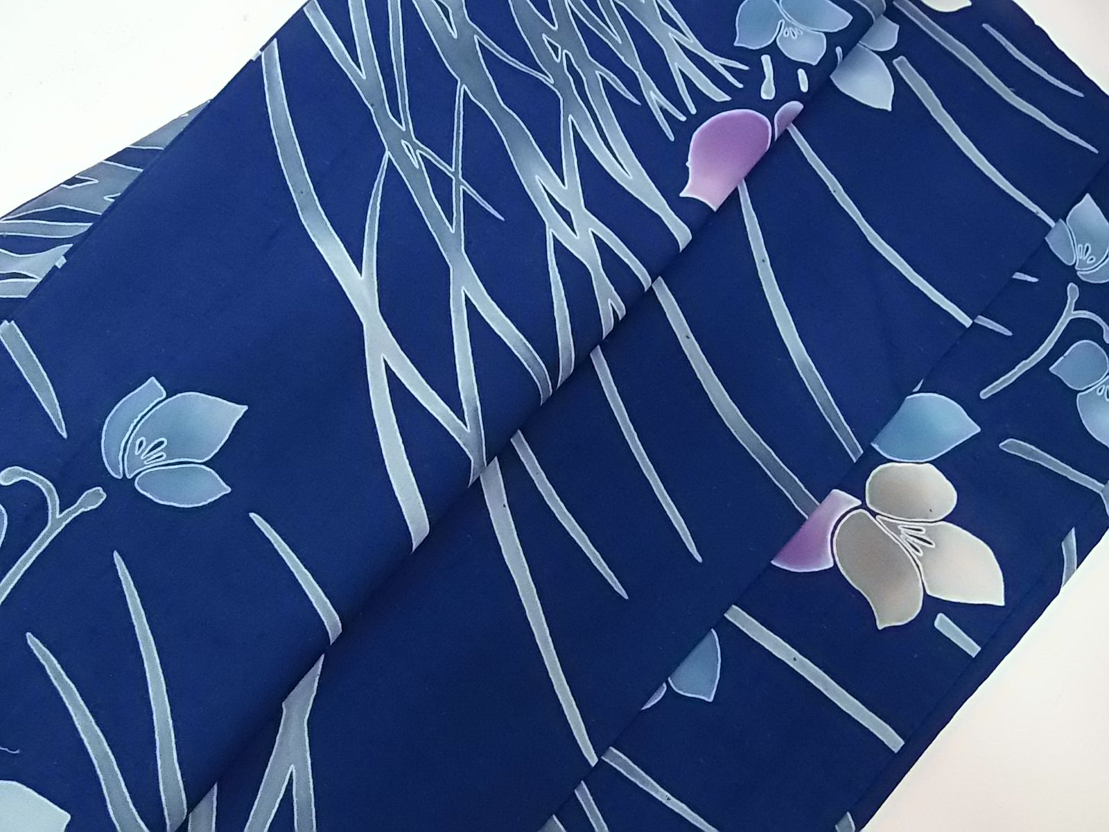 美品 レディース 浴衣 注染 本染め 花模様 日本製品 紺色 – MIYABI