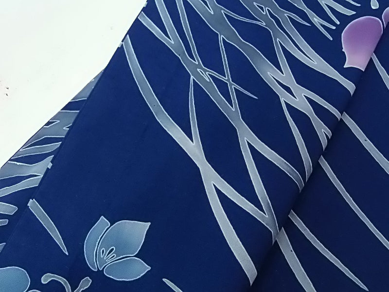 美品　レディース　浴衣　注染　本染め　花模様　日本製品　紺色