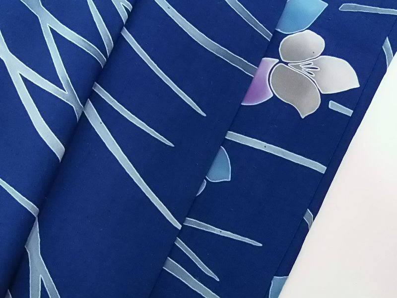 美品　レディース　浴衣　注染　本染め　花模様　日本製品　紺色
