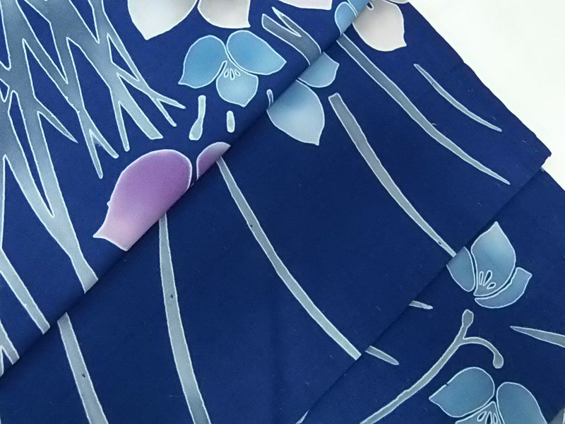 美品　レディース　浴衣　注染　本染め　花模様　日本製品　紺色