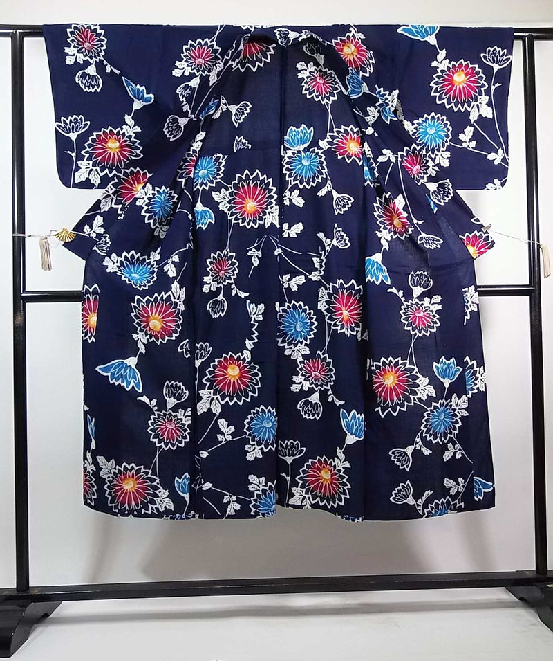美品　レディース　浴衣　注染　本染め　菊花模様　藍染　手縫い　濃紺色　反物からお仕立て　SS寸　ジュニアにも