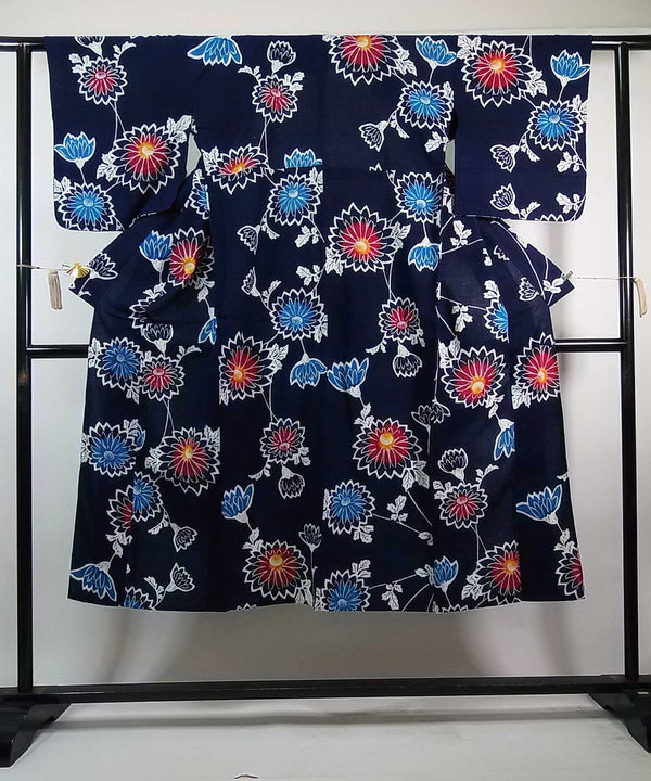 美品　レディース　浴衣　注染　本染め　菊花模様　藍染　手縫い　濃紺色　反物からお仕立て　SS寸　ジュニアにも