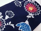 美品　レディース　浴衣　注染　本染め　菊花模様　藍染　手縫い　濃紺色　反物からお仕立て　SS寸　ジュニアにも