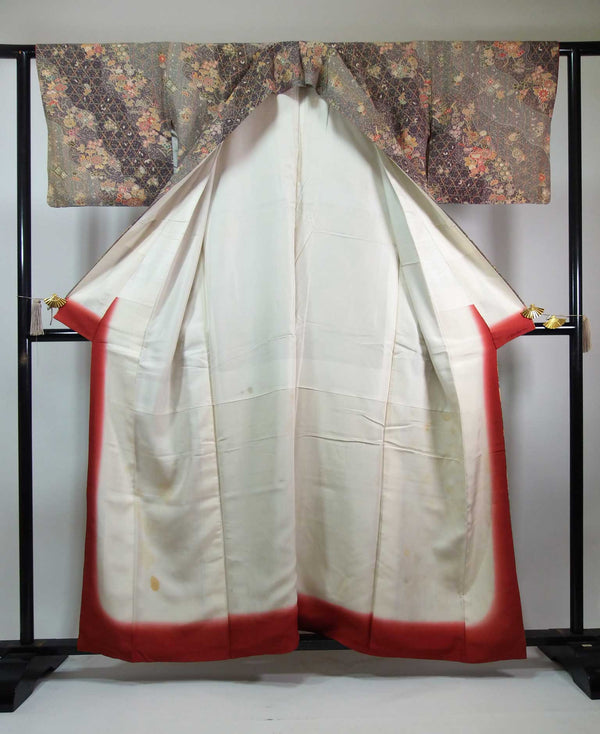 Kimono pour femme, komon, motif floral, pure soie, cousu à la main, brun rougeâtre