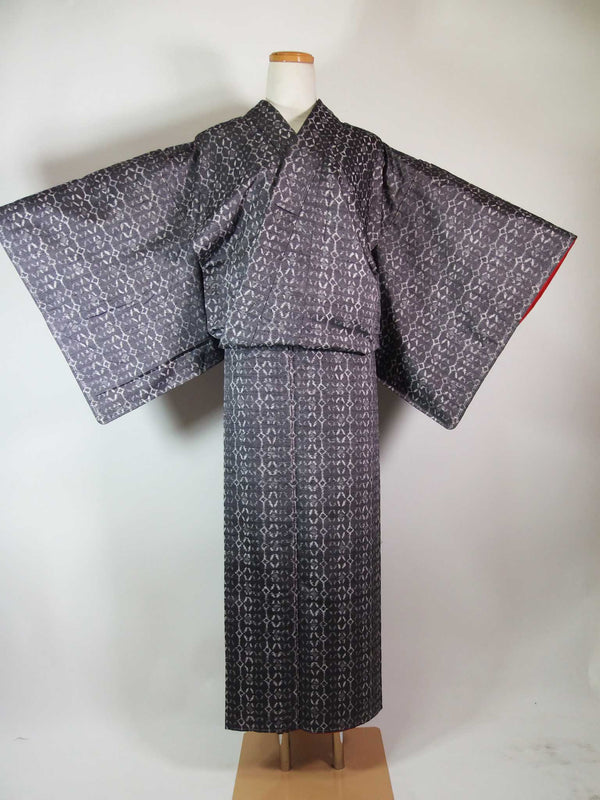 Women Kimono, Tsumugi Kimono, Geometric pattern, Pure silk, hand-stitched, gray Japanese kimono