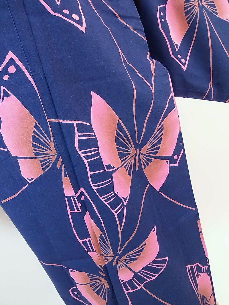 Yukata teint par injection, motif papillon, yukata japonais bleu marine