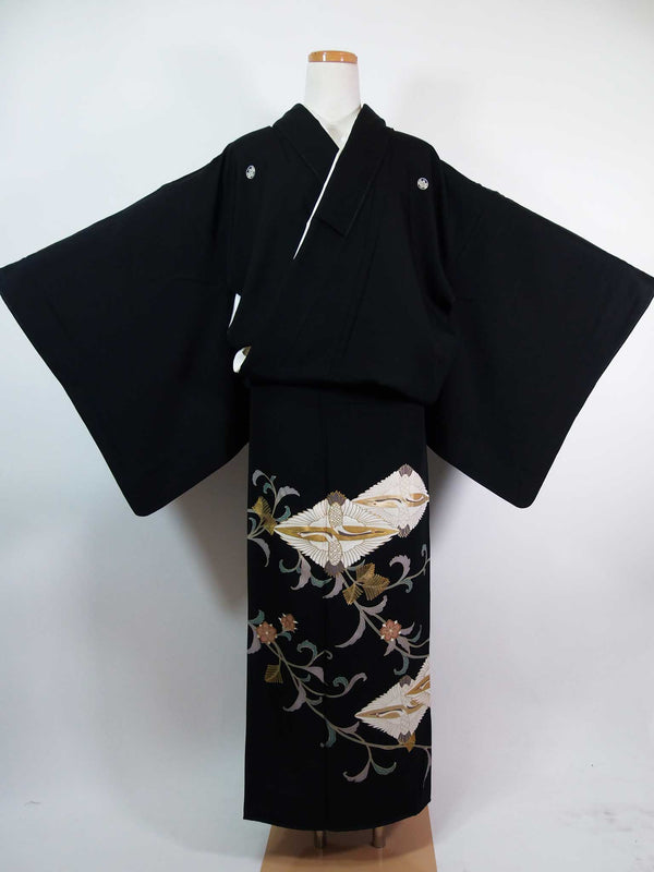 Kimono pour femme, tomesode noir, motif de grue se faisant face, emblème de la famille japonaise, cinq emblèmes, cinq emblèmes de paulownia, pure soie, cousu à la main, noir, kimono japonais