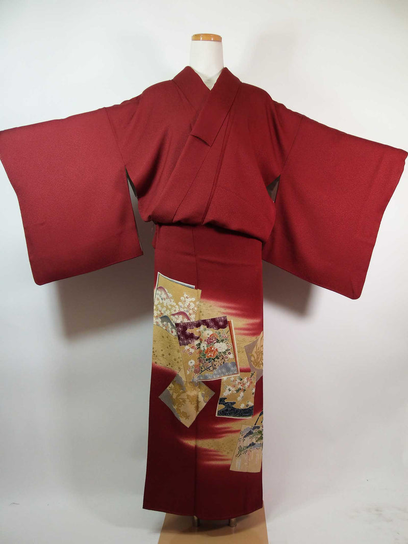 Kimono, kimono, colored tomesode, Japanese family crest with floral paper pattern, one crest with five paulownia crest, gold, pure silk, hand-stitched, red