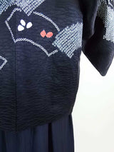 Haori shibori inutilisé, motif d'éventail, cerf, en soie, kimono japonais, veste de kimono noire
