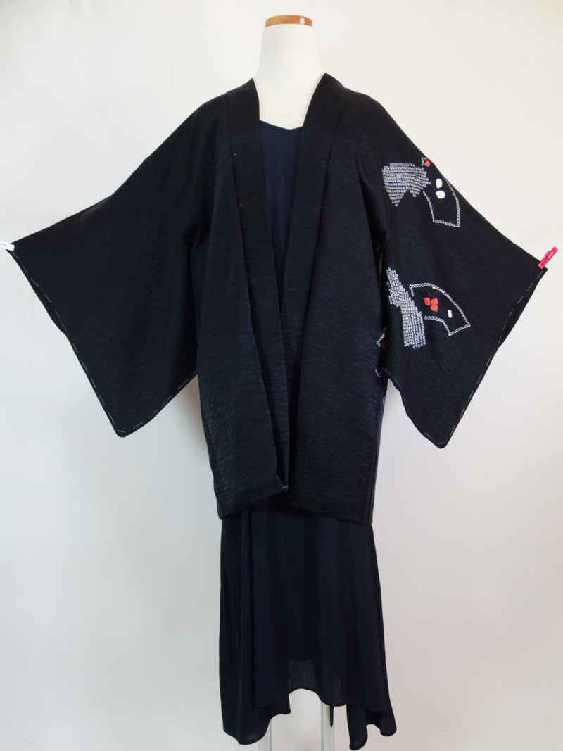 未使用　絞り　羽織　扇面文様　鹿子　絹製　日本の着物　黒色系Kimono jacket