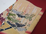 Kimono, kimono, colored tomesode, Japanese family crest with floral paper pattern, one crest with five paulownia crest, gold, pure silk, hand-stitched, red