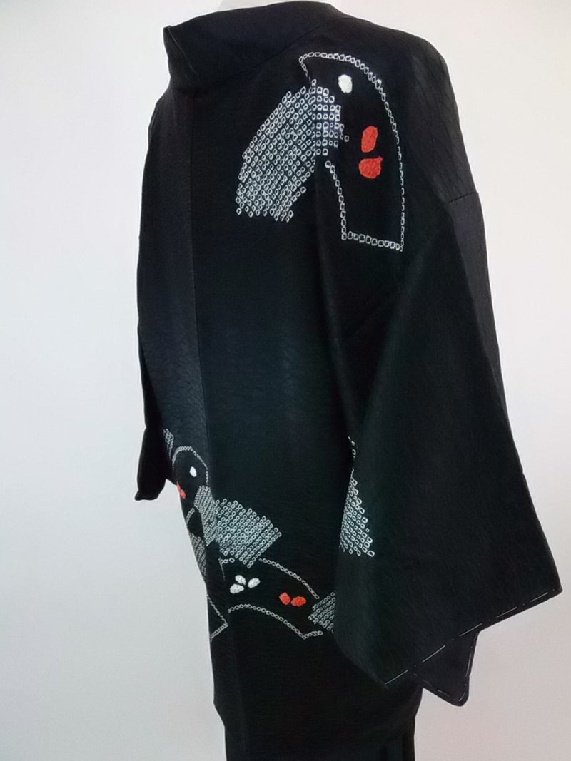Unused shibori haori, fan design, deer, made of silk, Japanese kimono, black Kimono jacket