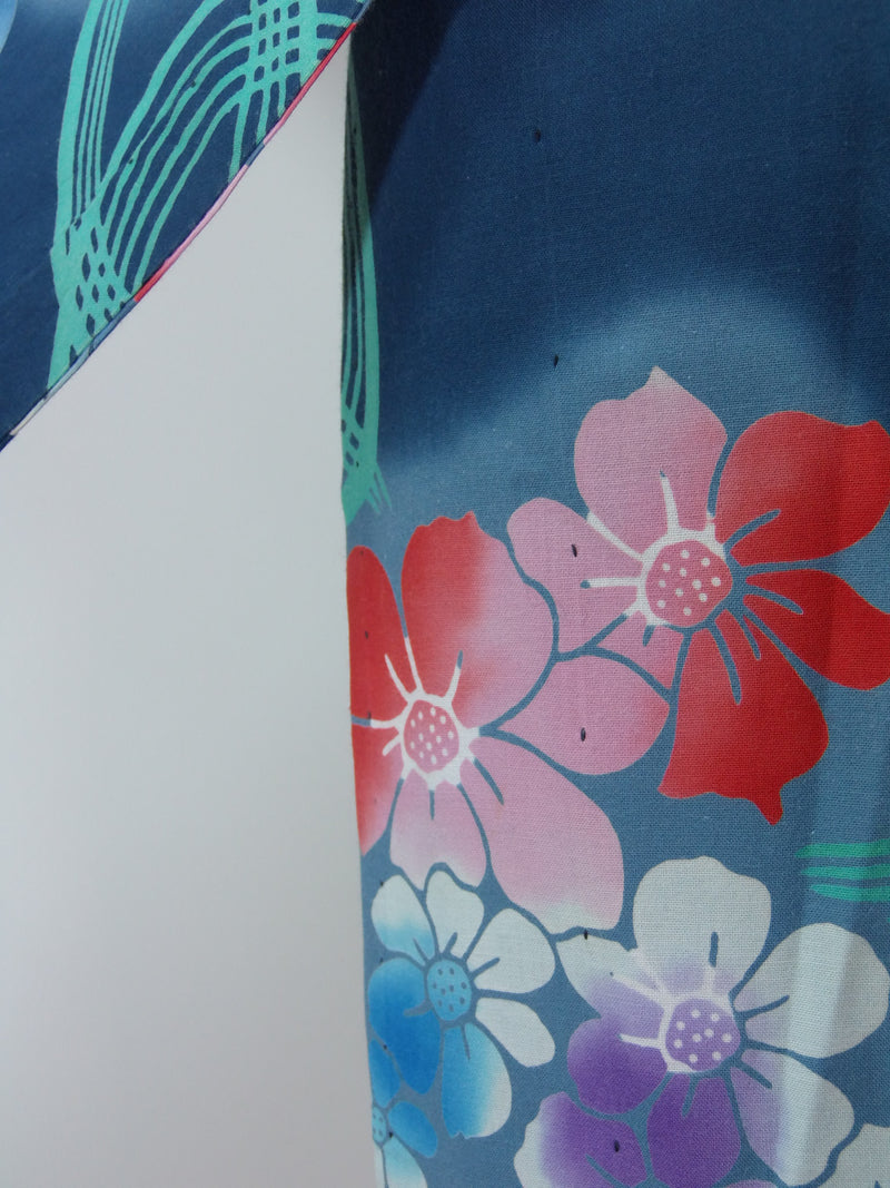 本染め　浴衣　紫陽花模様　手縫い　日本製品　 SS 済み　ジュニアにも　レトロ Japanese yukata 青緑色系