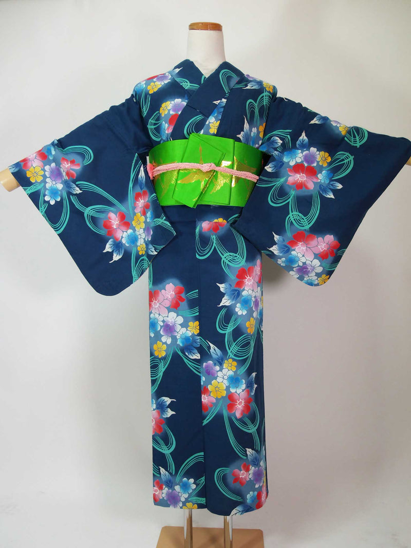 Hon-dyed yukata, hydrangea pattern, hand-stitched, made in Japan, SS, also for junior high school students, retro Japanese yukata, blue-green color