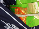 半幅帯　踊り帯　細帯　いつもと違う浴衣コーデをしたい方向けにキラキラ帯　青海波 × 菱菊　リバーシブル 正絹　緑 × オレンジ　金糸