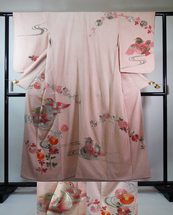 Gorgeous total shibori Japanese embroidered visiting gown, mandarin duck design, antique, diamonds in silk.