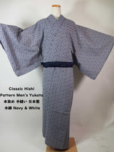 Yukata Homme Teint à la Main | Motif Hishi en Losanges | Coton Japonais Cousu Main | Bleu Marine et Blanc