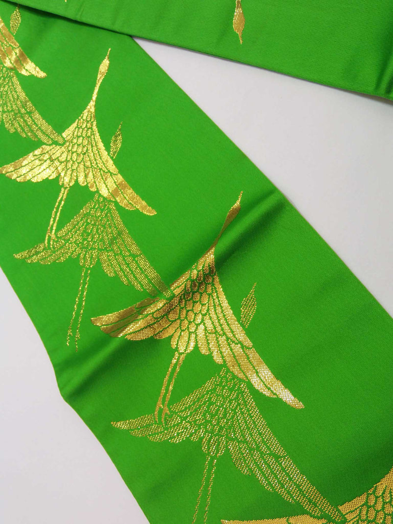 半幅帯　踊り帯　細帯　いつもと違う浴衣コーデをしたい方向けのキラキラ帯　鶴文様　正絹　緑　金糸