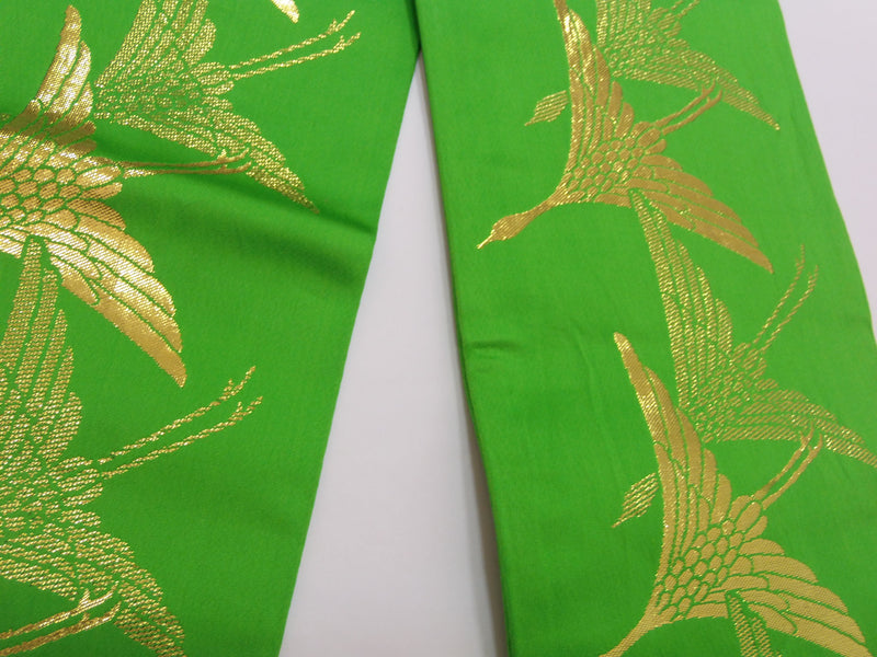 半幅帯　踊り帯　細帯　いつもと違う浴衣コーデをしたい方向けのキラキラ帯　鶴文様　正絹　緑　金糸