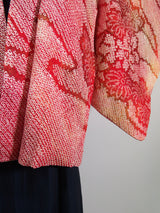 Beautiful haori, total shibori, reddish color, silk diamonds, flower pattern, silk product, Japanese product, Kimono jacket