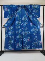 ほぼ美品　本染め　浴衣　花模様　レトロ　 Japanese yukata  青色系