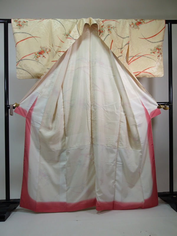 女性　着物　小紋　花模様　扇面地紋　正絹　手縫い　クリーム色   Japanese kimono