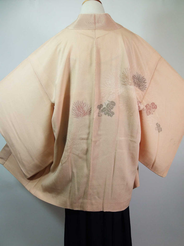 Haori, floral pattern, silk product, made in Japan, beige, hand-sewn, Kimono jacket