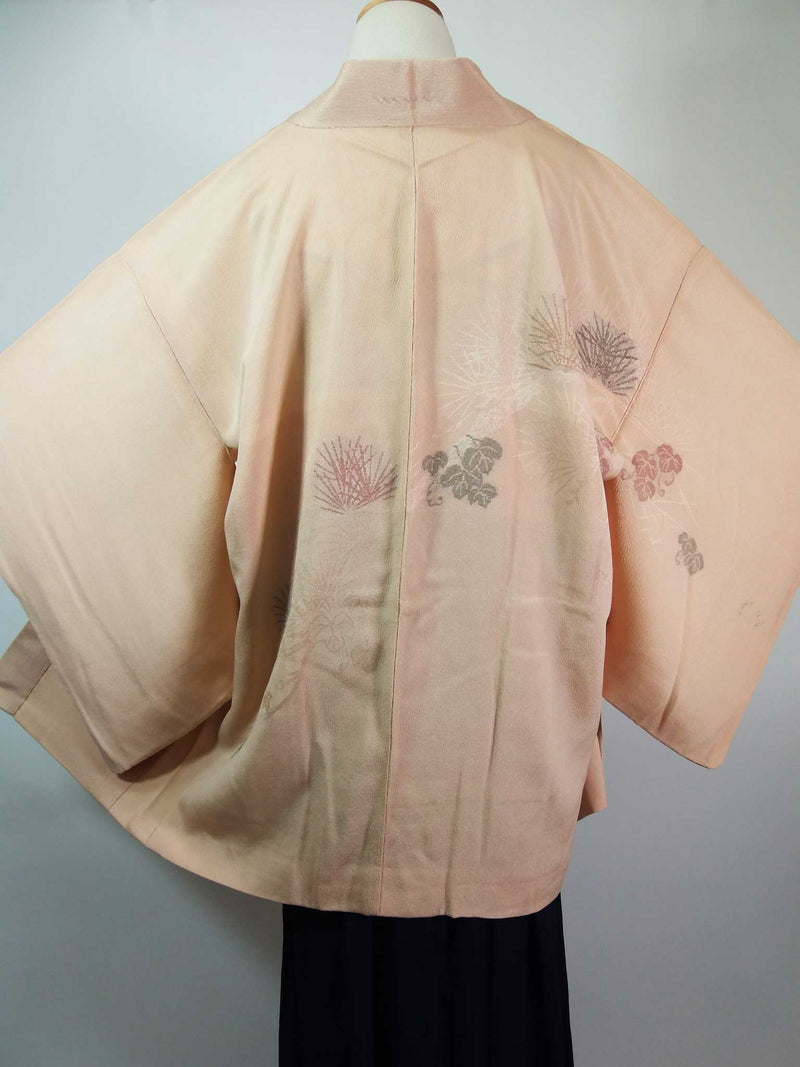 Haori, floral pattern, silk product, made in Japan, beige, hand-sewn, Kimono jacket