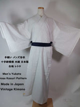 Vintage Japanese Men's Yukata | Cross Kasuri Pattern | Hand-Sewn Cotton | White