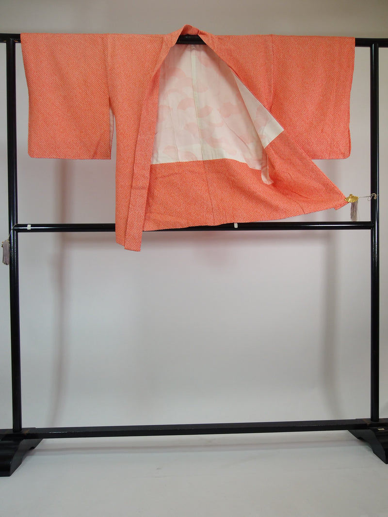 美品　総絞り　羽織　オレンジ　四角模様　日本製　絹製　Kimono jacket