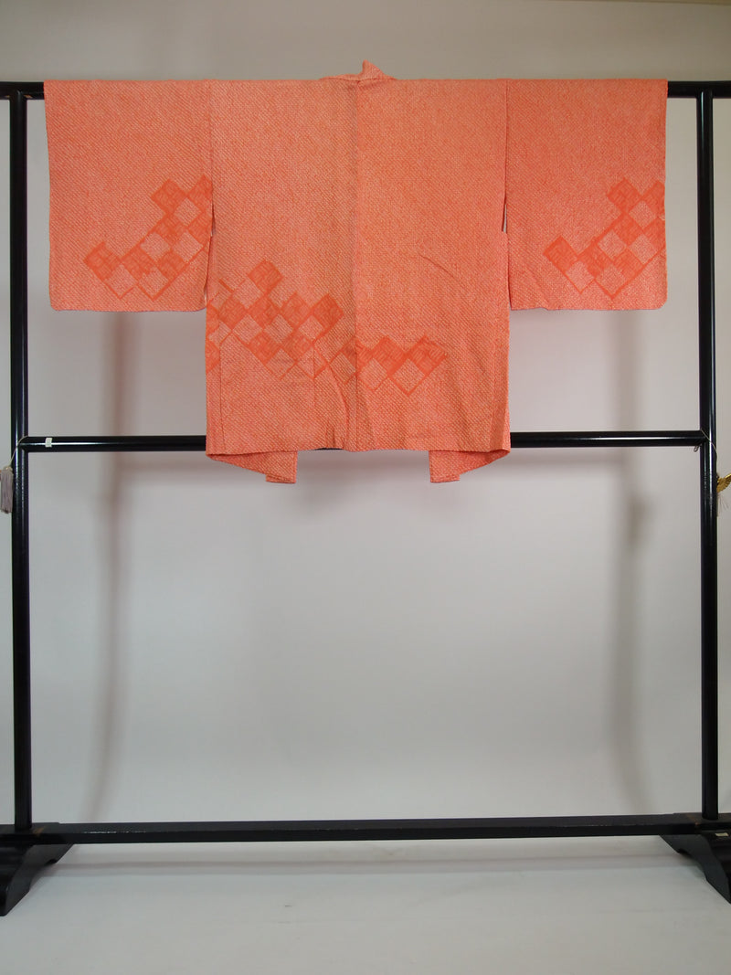 Beautiful Kimono jacket made of Japanese silk with orange square pattern