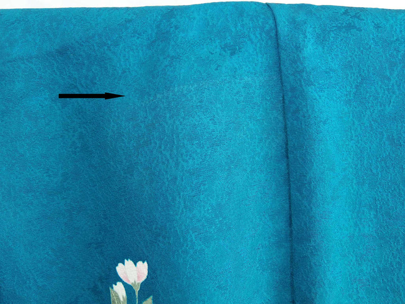 Presque magnifique Manches de fourrure luxueuses, motif floral, traitement de protection, pure soie, couleur bleu-vert.