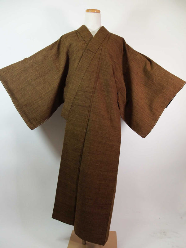 Unused Yuki Tsumugi men's Kimono, set of 2 Kimono with Haori jacket, Yukien brand Kimono, pure silk, brown 2-3