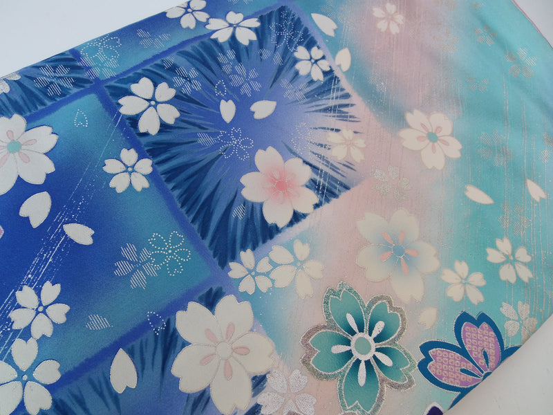 Gorgeous Furisode (long sleeves), floral design, silver-colored, silver embroidery, pure silk, gradation, blue, LL size