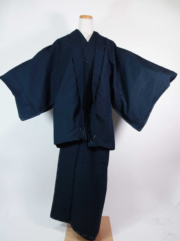 Unused Yuki Tsumugi men's kimono, haori jacket and 2-piece kimono set, Yukien, plain brand kimono, pure silk, dark blue color 2-5