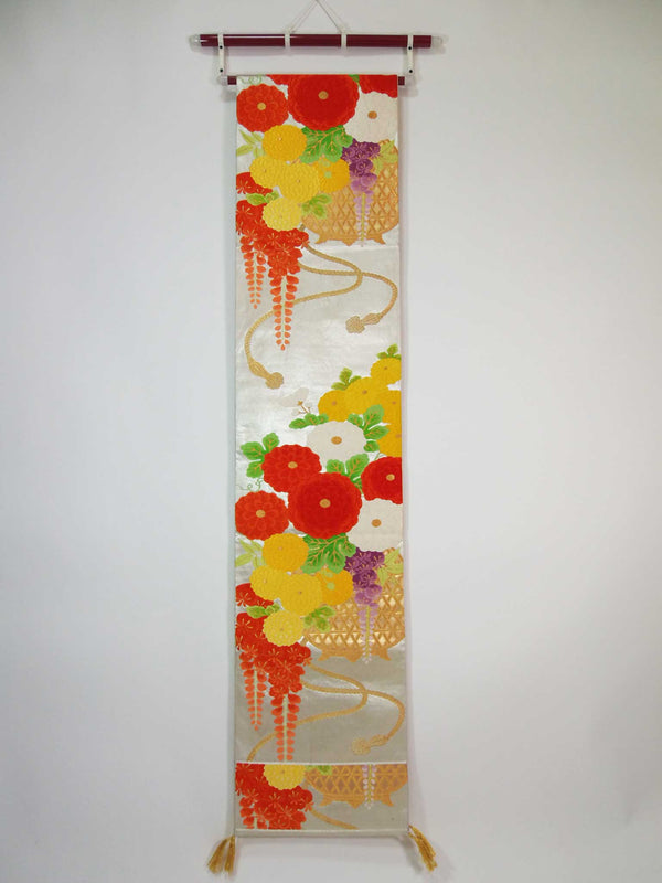 Gorgeous Karanori bag belt with floral design, Japanese embroidery, table runner, silver thread, pure silk, recycled.