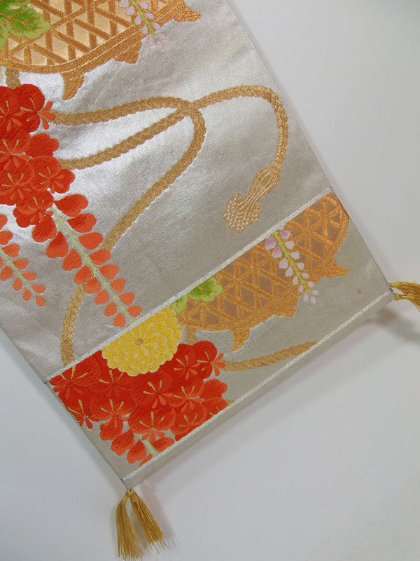 Gorgeous Karanori bag belt with floral design, Japanese embroidery, table runner, silver thread, pure silk, recycled.