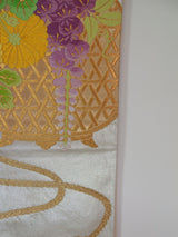 Gorgeous Karanori bag belt with floral design, Japanese embroidery, table runner, silver thread, pure silk, recycled.