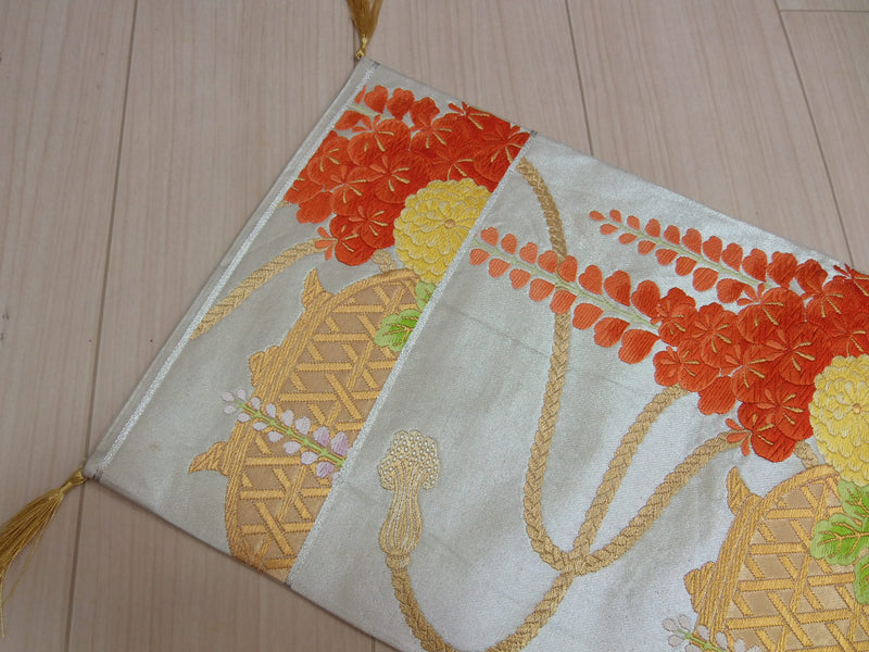 Gorgeous Karanori bag belt with floral design, Japanese embroidery, table runner, silver thread, pure silk, recycled.