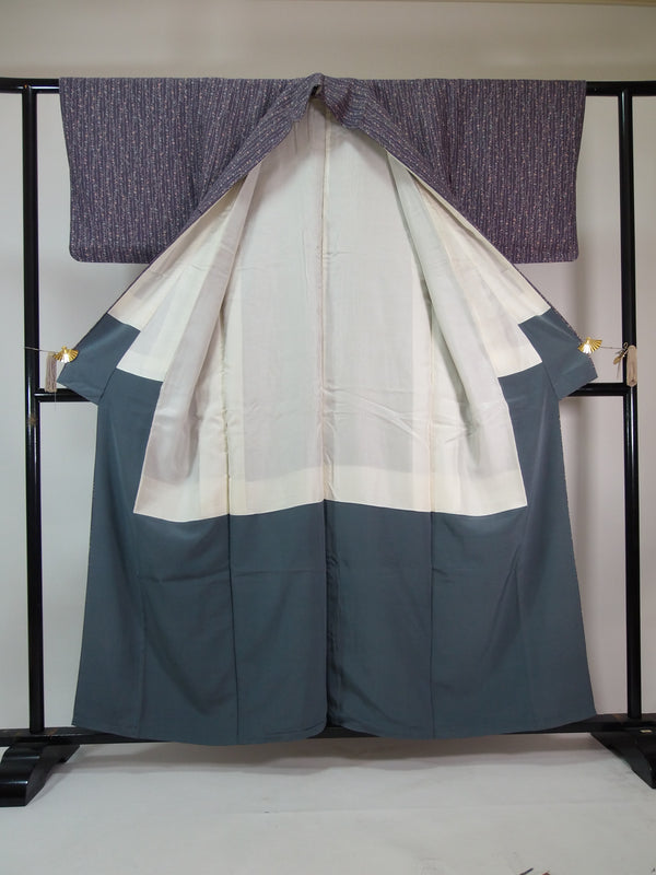 Women Kimono, komon, lovely floral pattern, pure silk, hand-stitched, crepe-purple, made in Japan