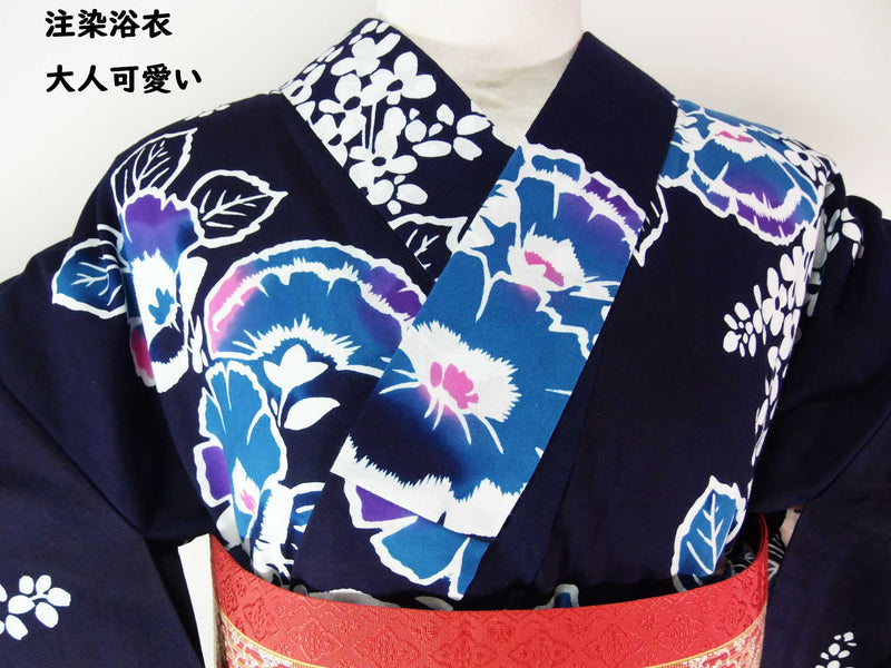 Retro yukata, injected yukata, floral design, adult cute, combed fabric, indigo-dyed