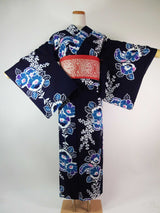 Retro yukata, injected yukata, floral design, adult cute, combed fabric, indigo-dyed