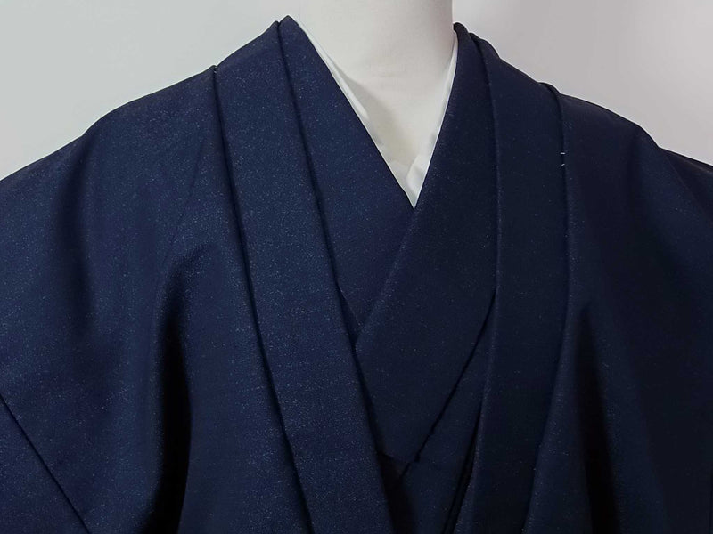 Kimono pour homme inutilisé, ensemble 2 pièces composé d'une veste haori et d'un kimono, laine, sans motif, bleu foncé, beau 2-5